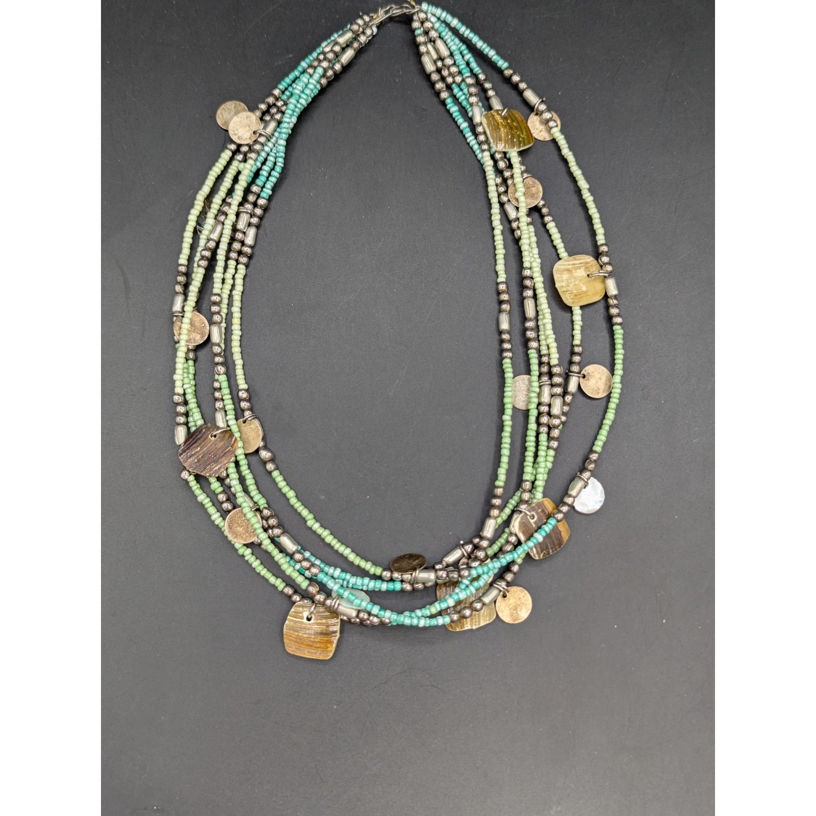Vintage Multi-Strand Boho Necklace Green Seed Beads Silver Tone Charms Shell 35$